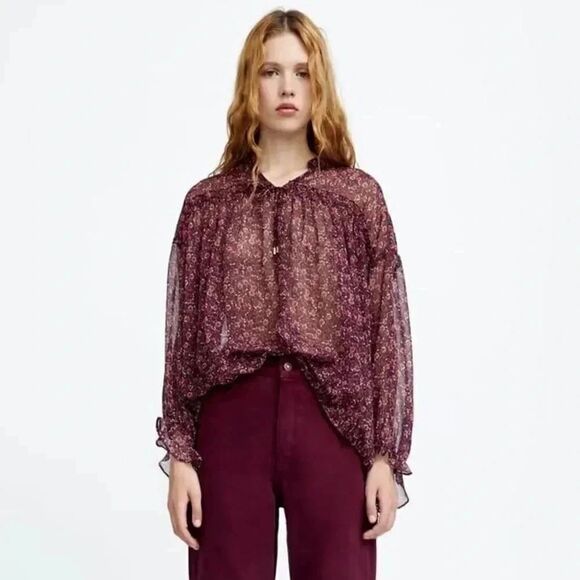 ZARA BOHO FLORAL PRINT METALLIC THREAD SHIRT - Picture 1 of 10